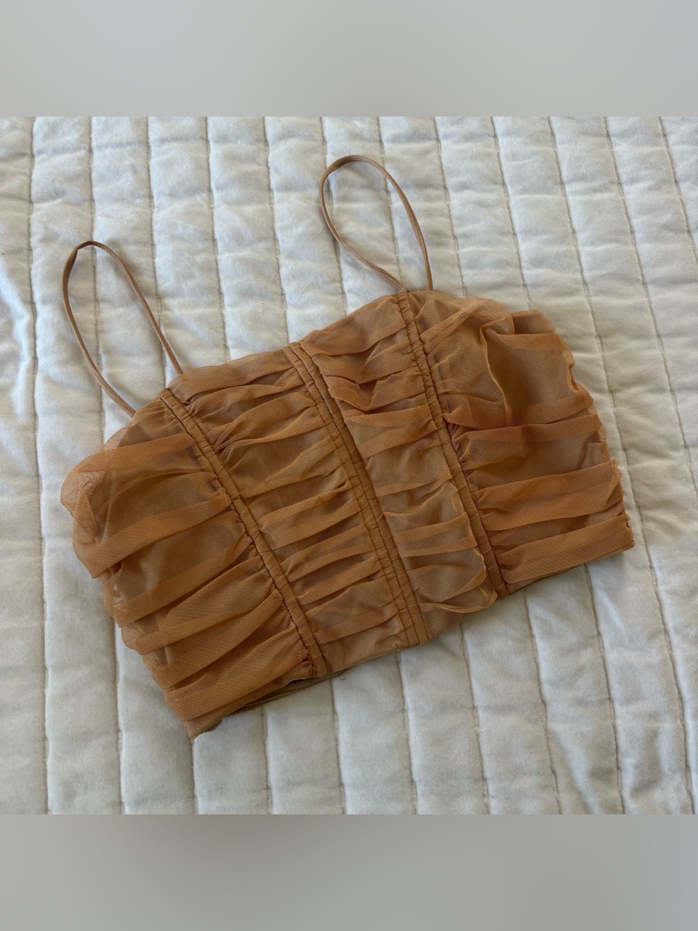 Y2K 90s romantic night out coquette, fairycore Tan ruched mesh crop corset